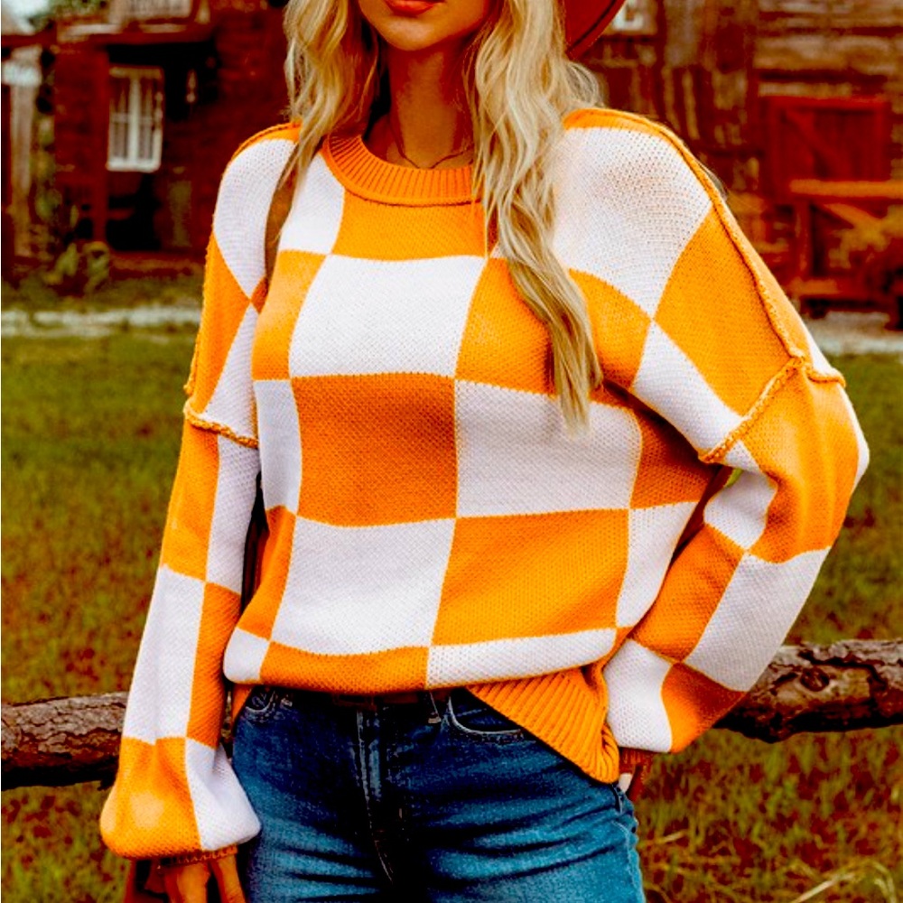 Checked Bishop sleeve sweater